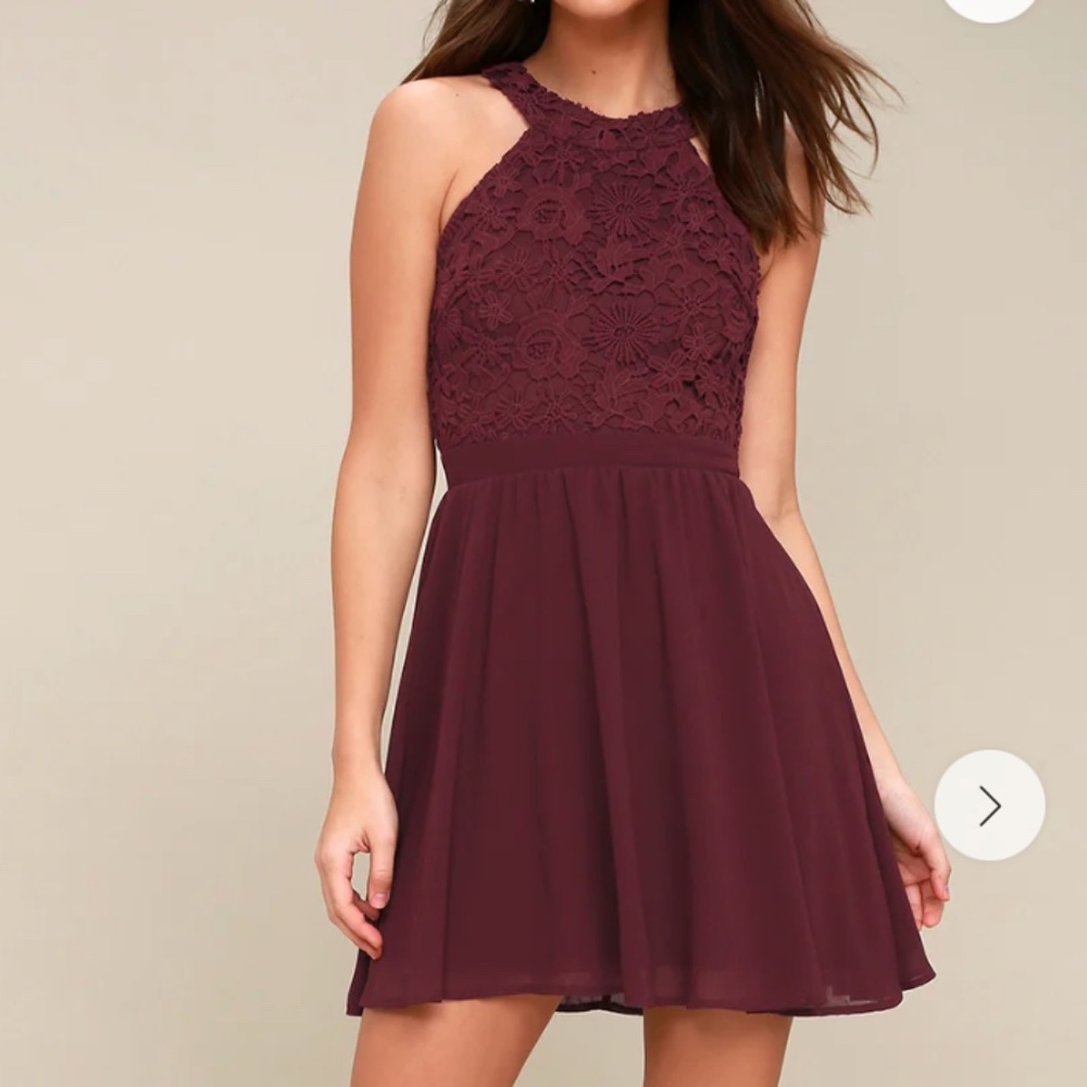 Lulus • Lover's Game Burgundy Lace Skater Dress Purple • Size S